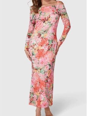 NWT Oleg Cassini Print Lace Off the Shoulder Long Sleeve Maxi Dress